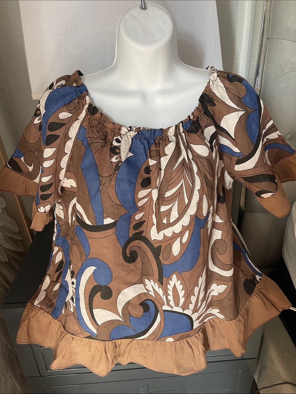Brown & Blue Printed Peasant Blouse 100% Linen